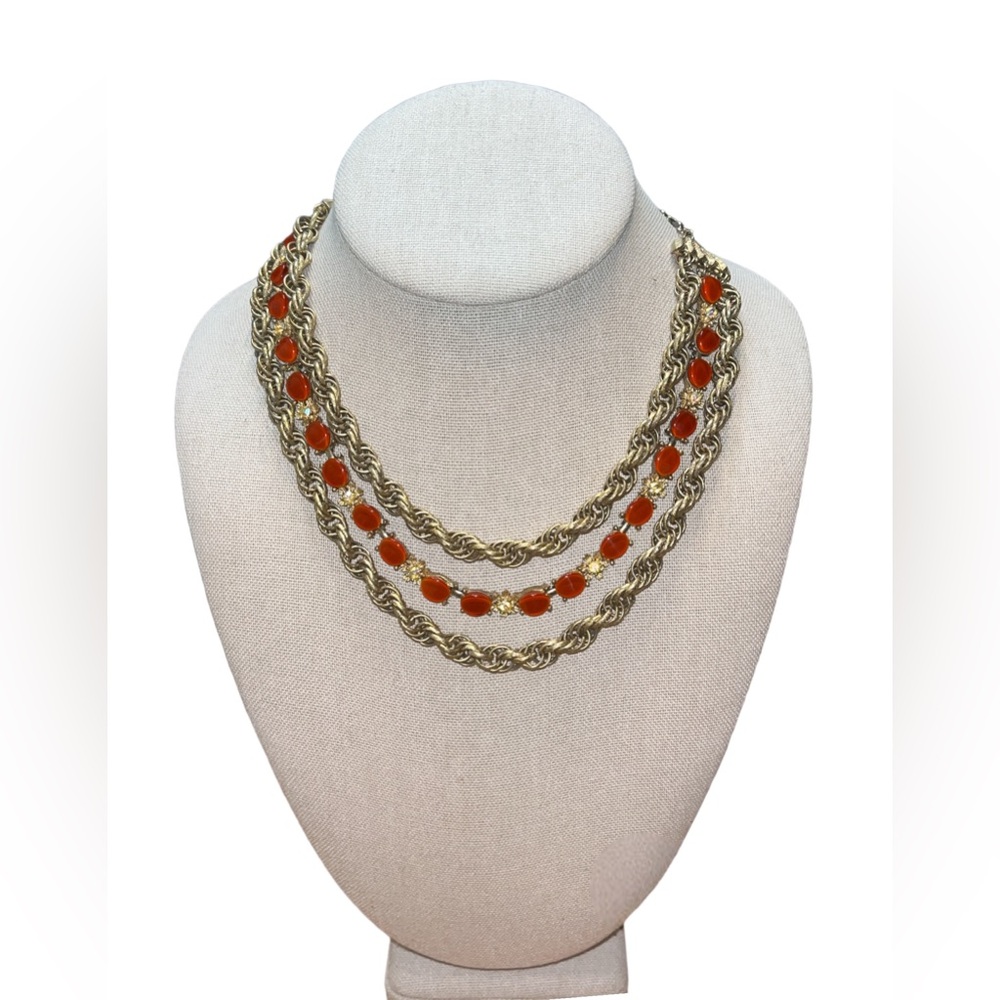 Vintage Three Strand Gold Tone Floral Necklace